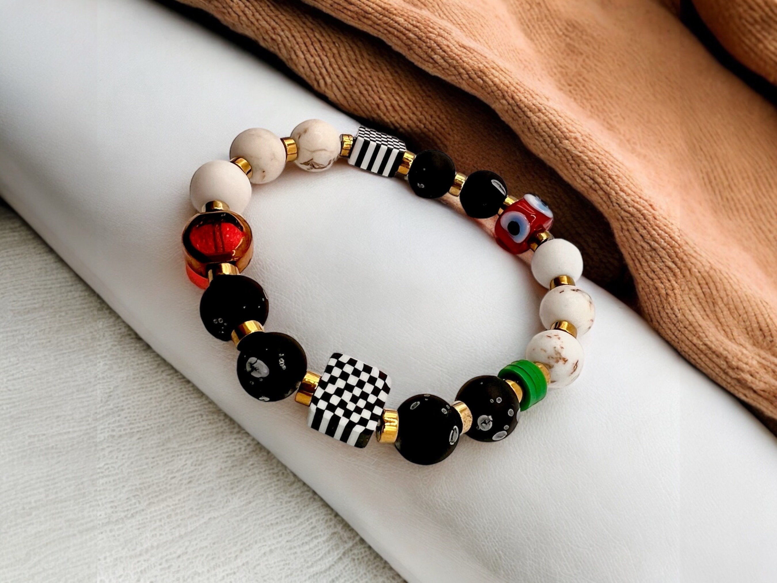 Evil Eye Stretch Bracelet- Custom Onyx Bead Palestinian Keffiyeh Jewelry — view 2