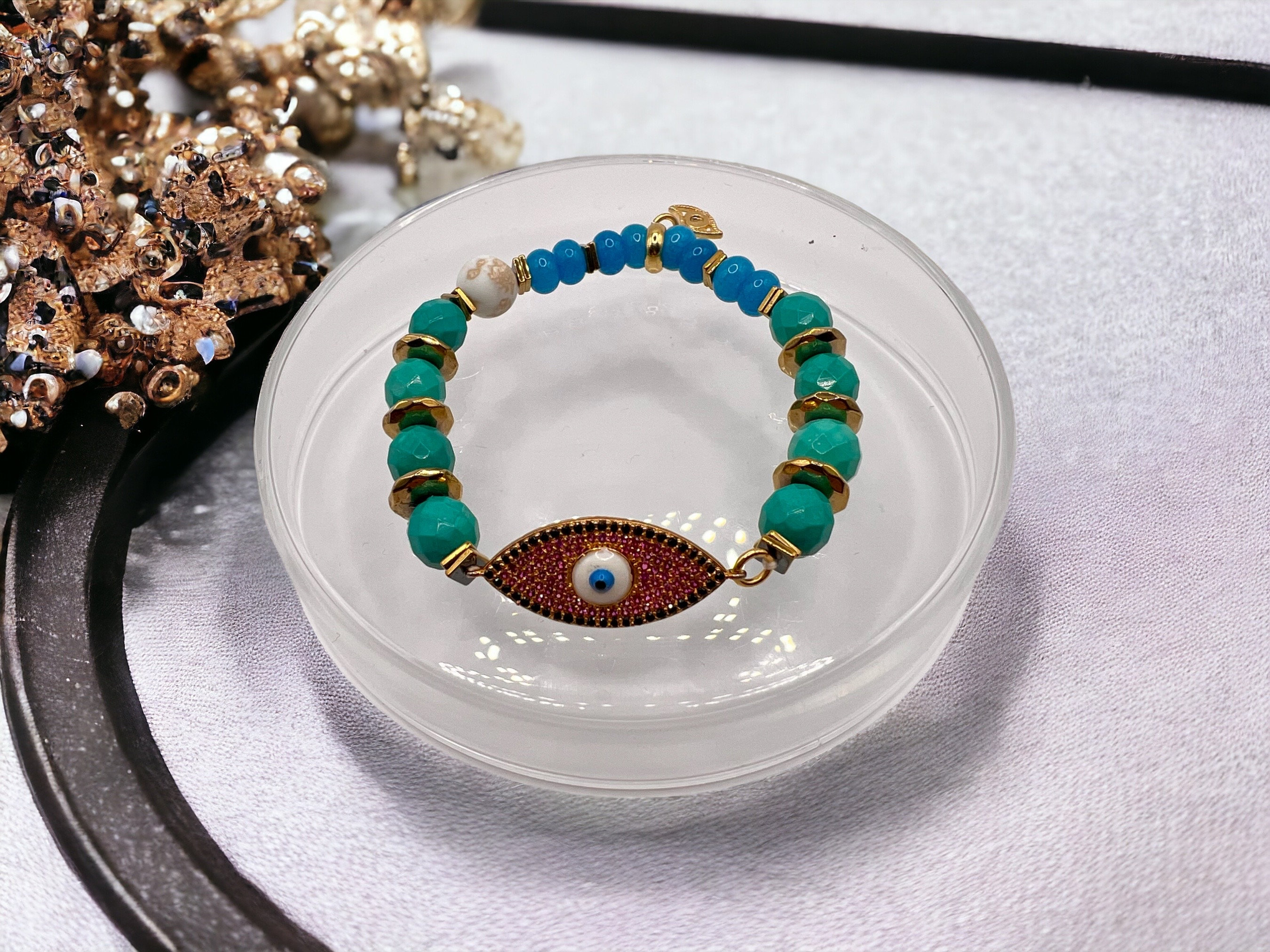 Gemstone Evil Eye Charm Bracelet | Magnesite Turquoise Hematite