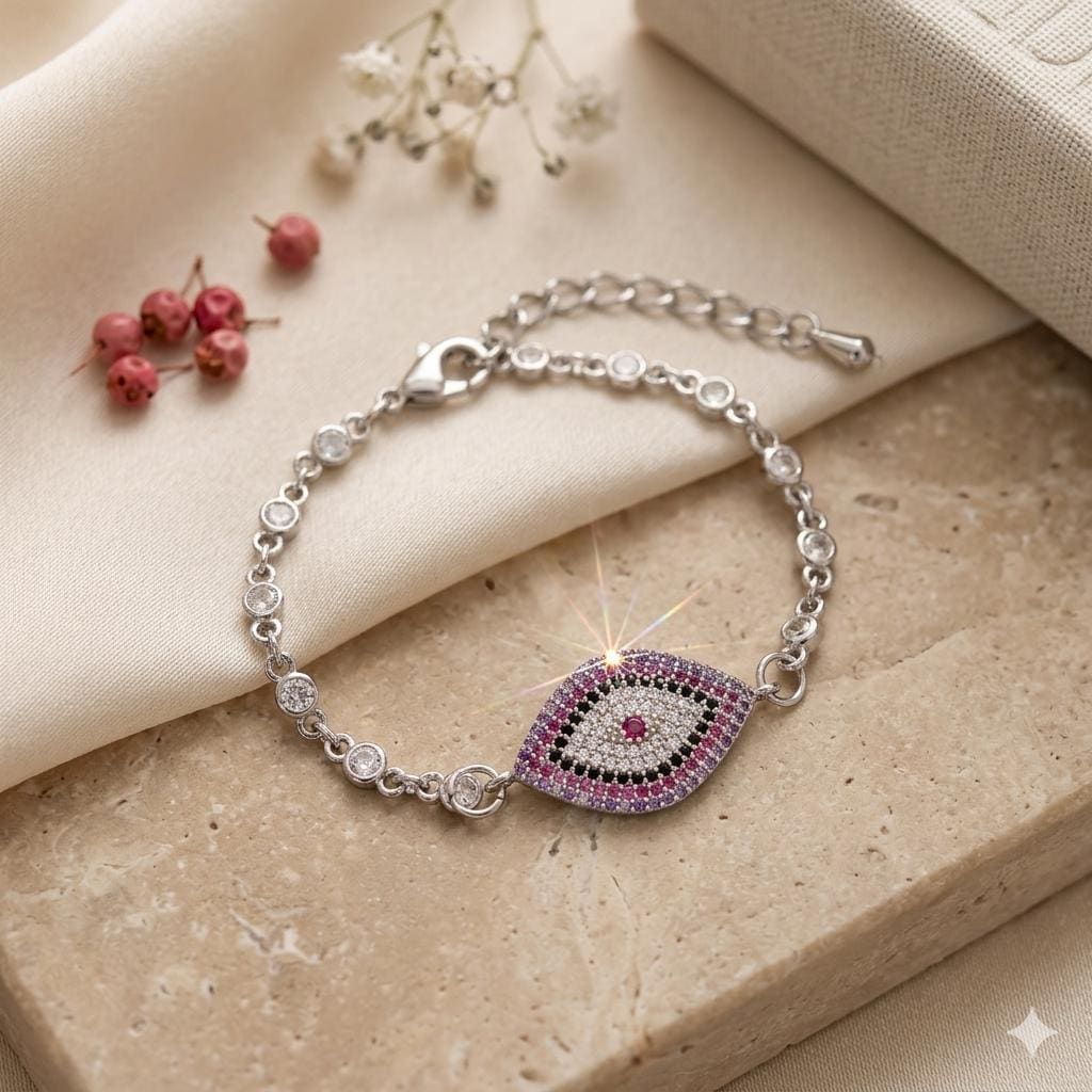 14k Rhodium Plated and Bezel Cubic Zirconia Chain Bracelet with Pave Evil Eye Pendant — view 2