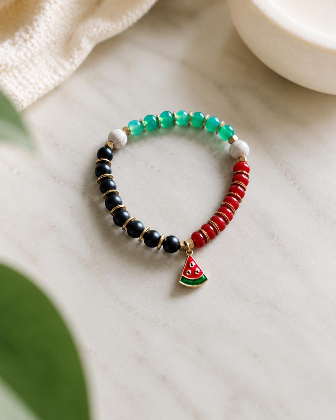 Palestinian Watermelon Charm Bracelet | Onyx, Red, Green, Black Beads | Solidarity Jewelry
