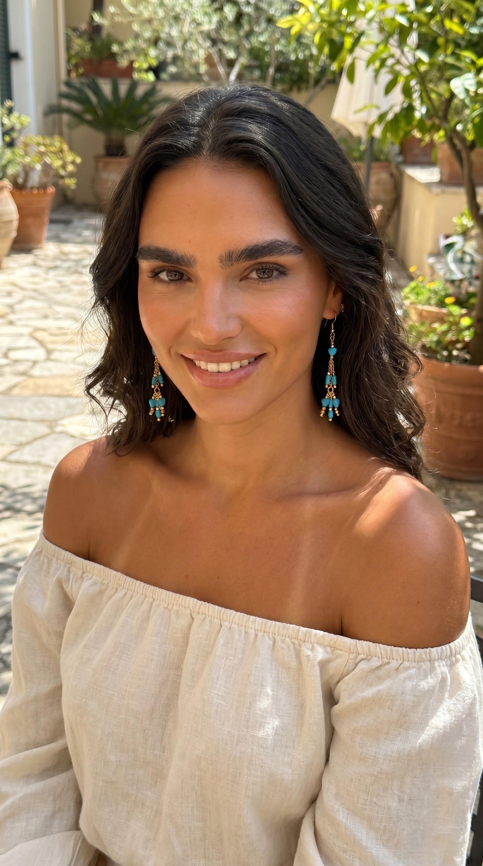 Blue and Gold Dangle Earrings, Delicate Chain Summer Boho Bead Earrings — view 2