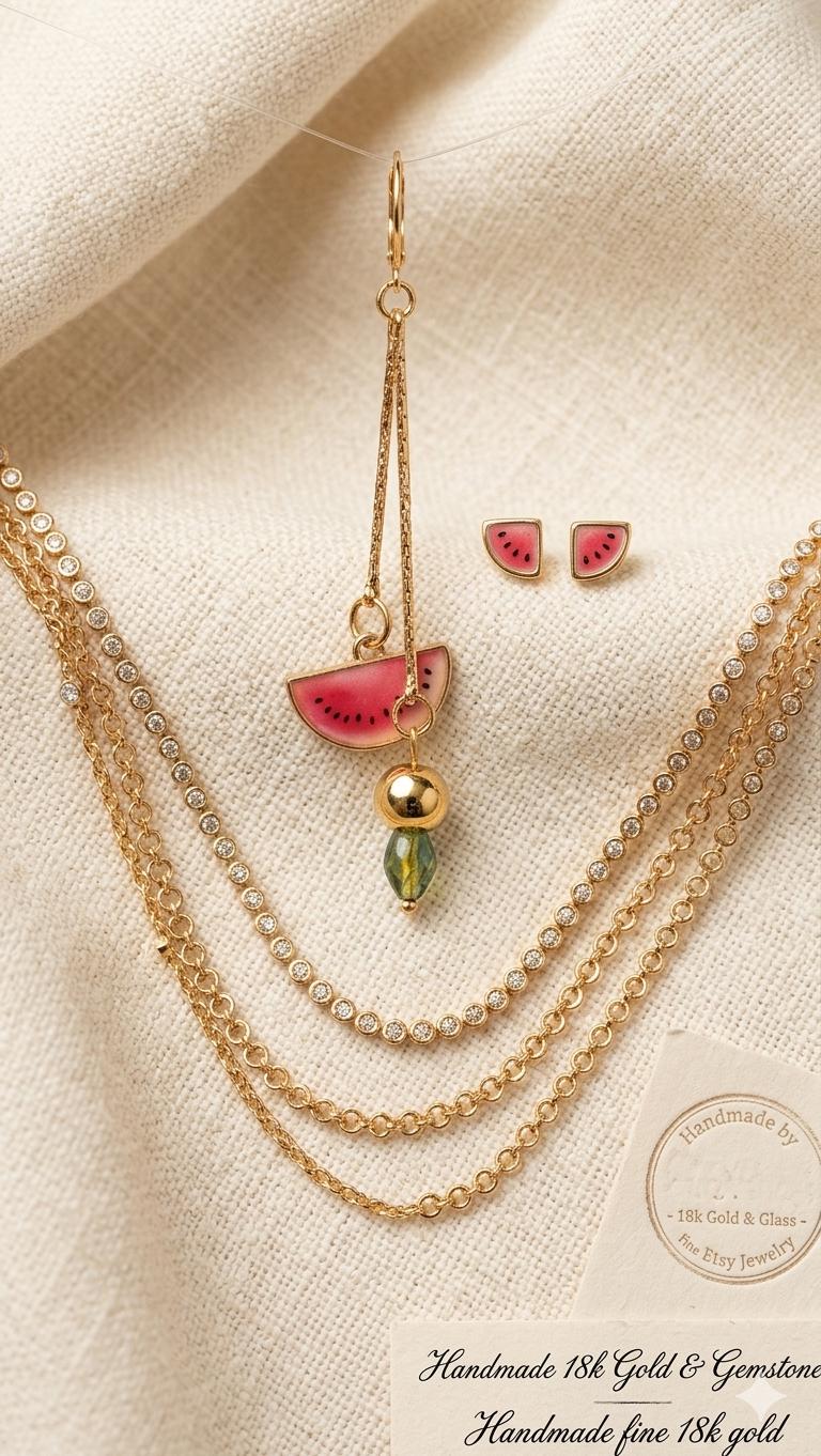 Handmade Watermelon Slice Dangle Earrings, Gold Fruit Jewelry, Summer Boho Drop Style — view 2