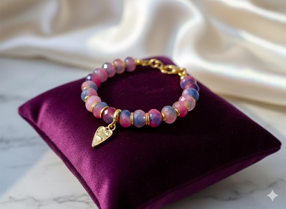 Faceted Pink Purple Jasper Bracelet, Gold Hematite Accents, Heart Charm, Boho Style — view 4