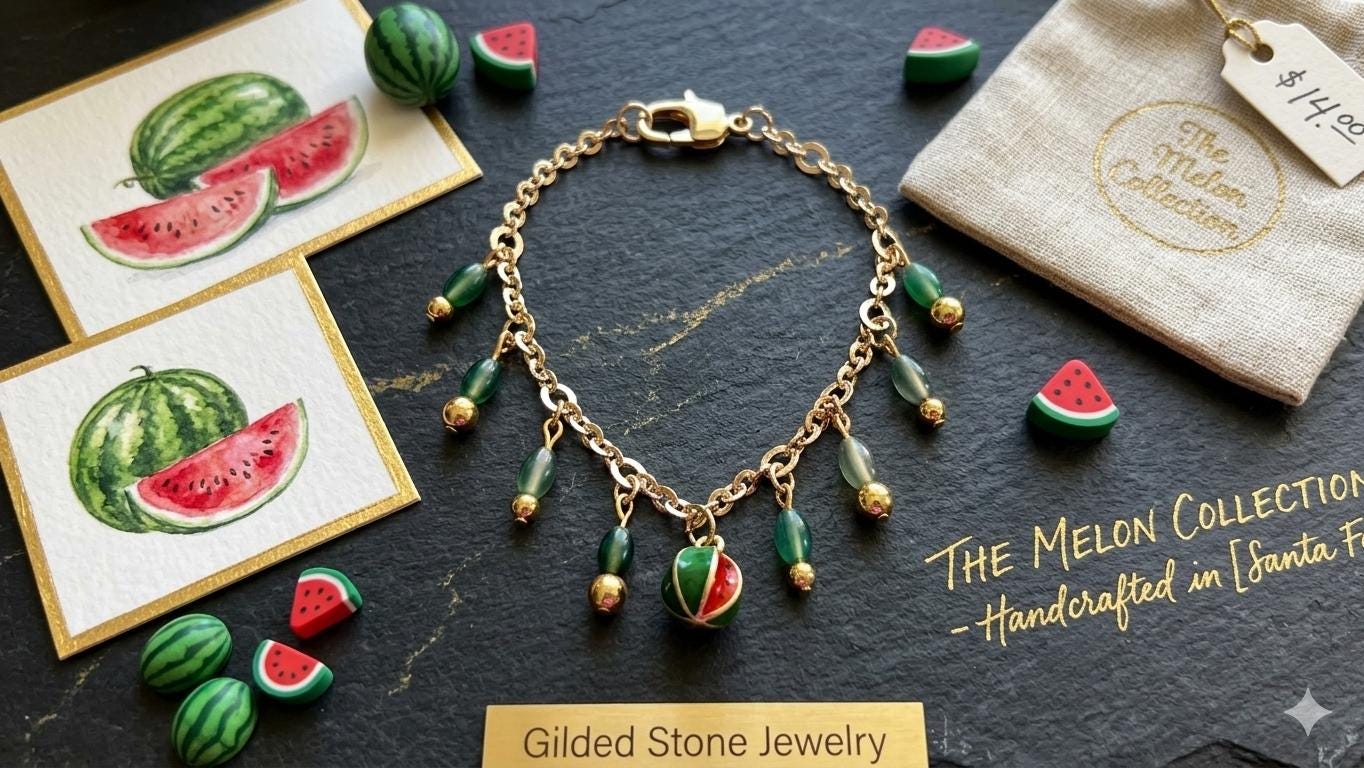 Shiny 14K Gold Plated Oval Rolo Chain with Dangle Watermelon Charm Bracelet Handwear — view 2