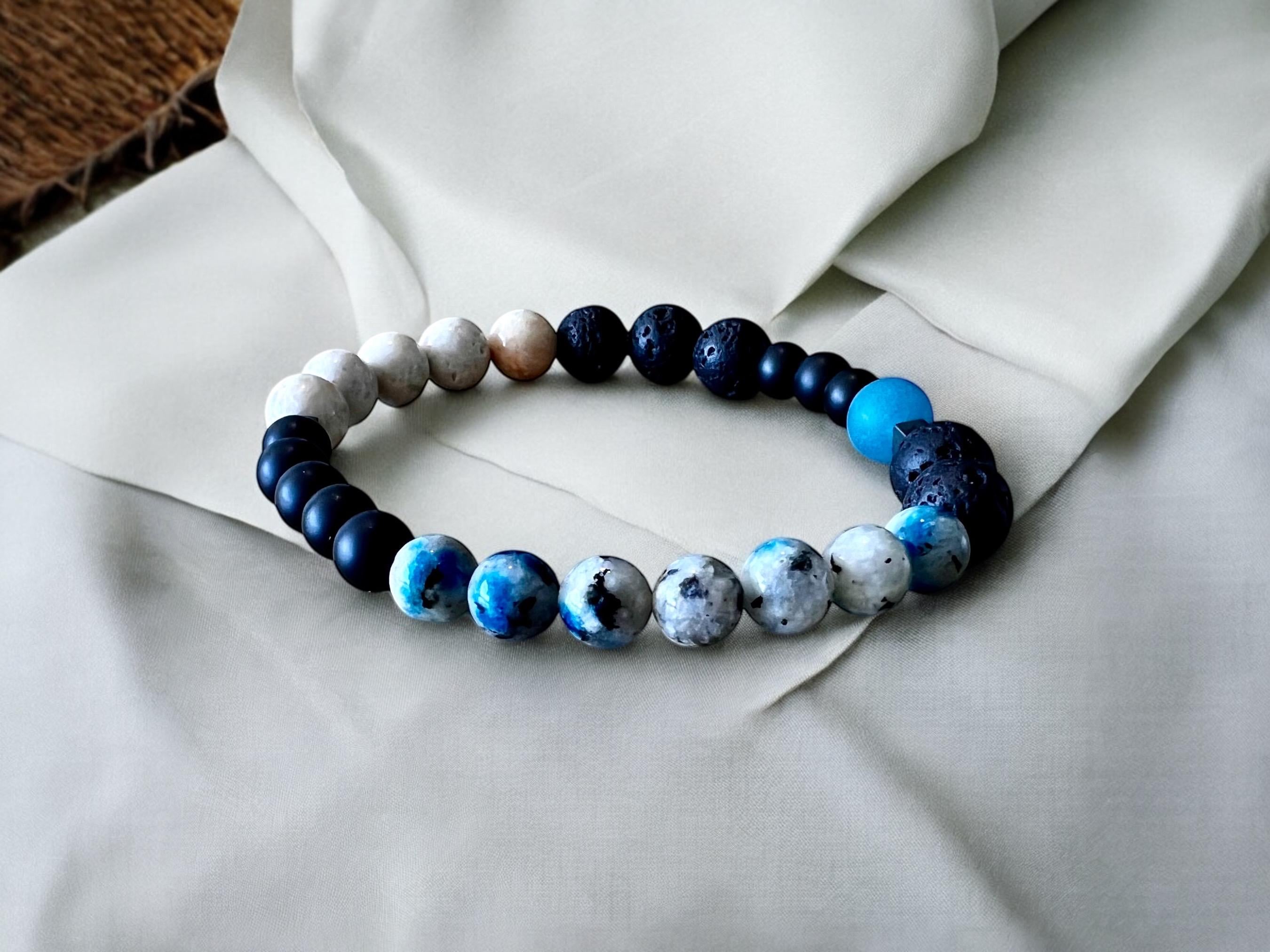 Men’s Strength Bracelet, Stones for Confidence, Resilience, Stability, Balance, Jasper, River Stone, Onyx Gemstone — view 3