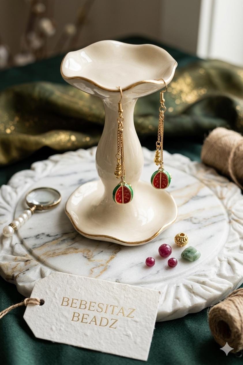 18K Gold Plated Watermelon Dangle Earrings, Summer Time Fruit Jewelry — view 2