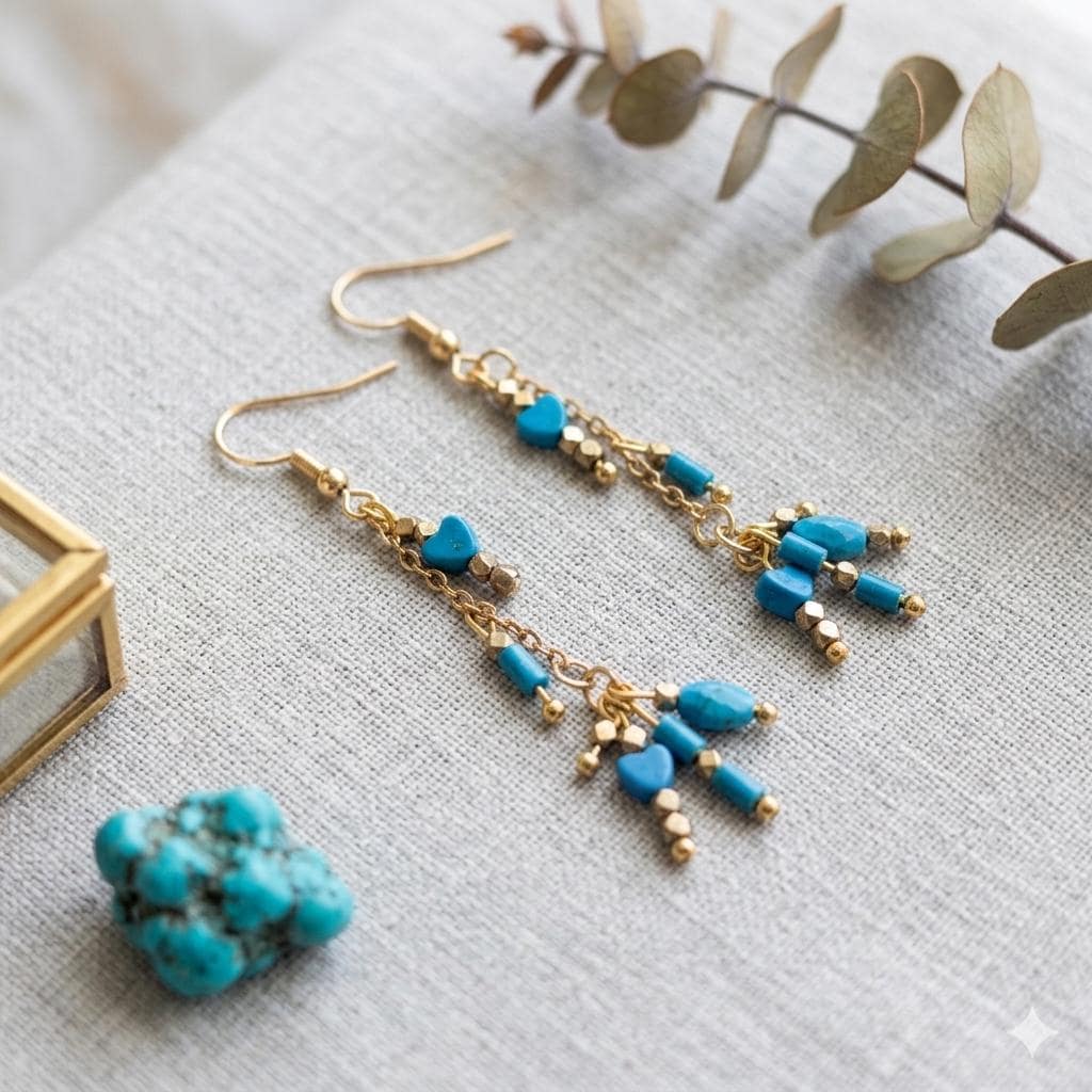 Blue and Gold Dangle Earrings, Delicate Chain Summer Boho Bead Earrings