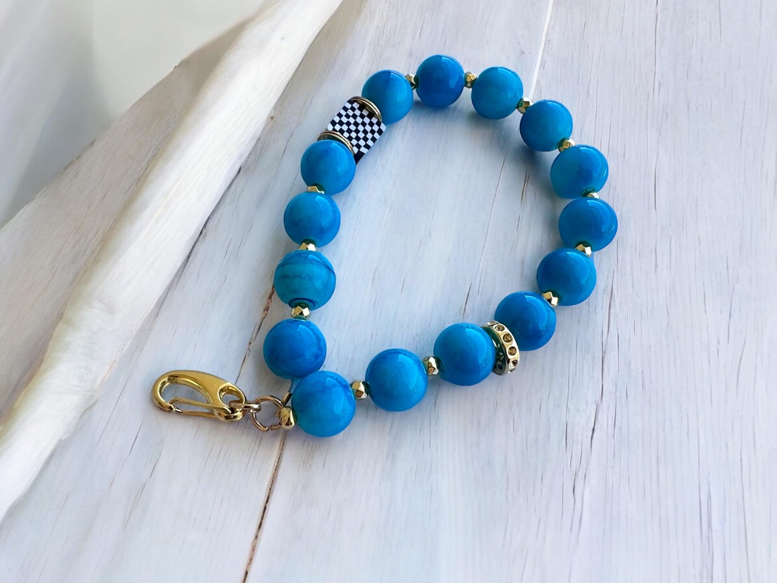 Blue Turquoise Beaded Keychain: Gold Purse Charm — view 4