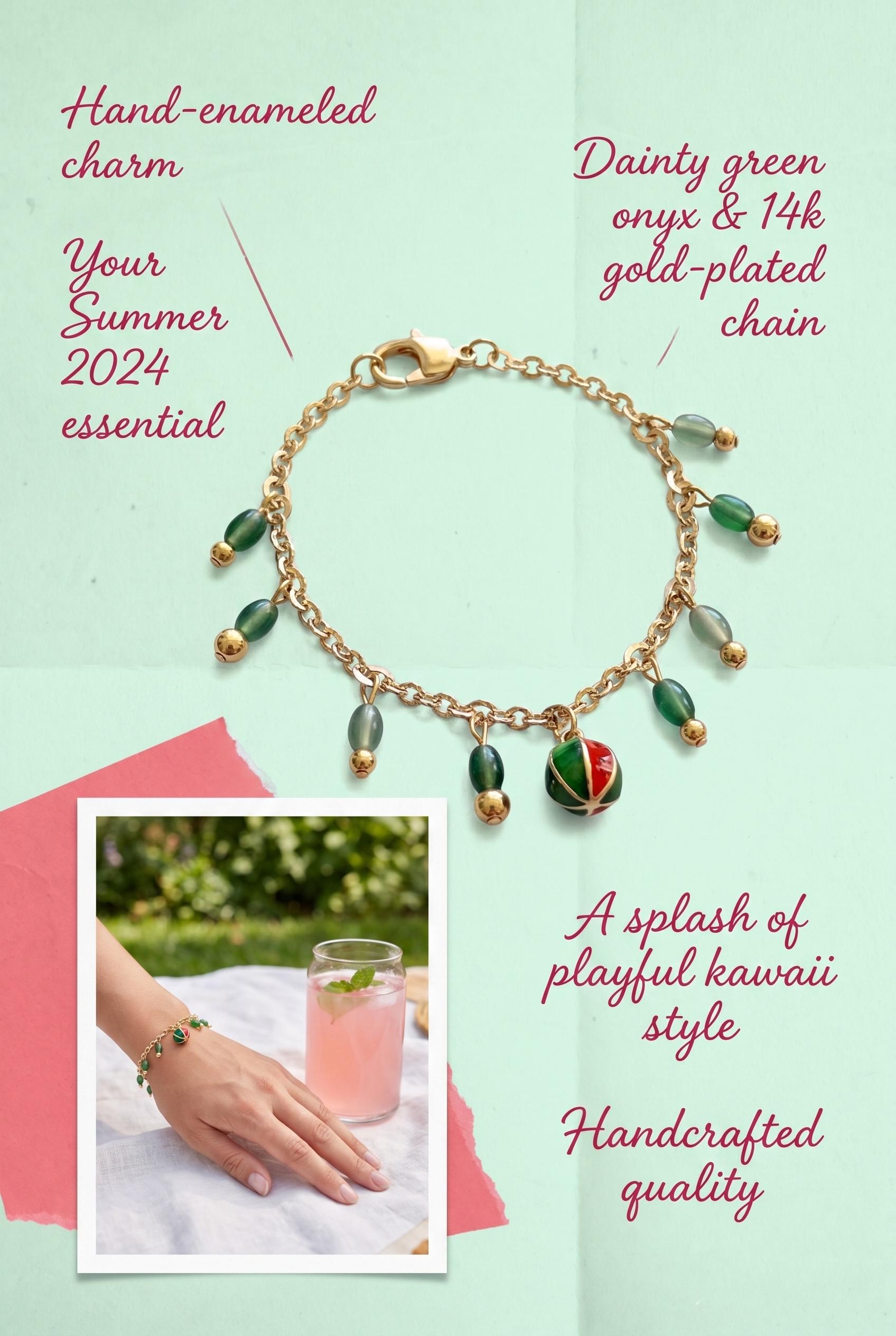 Shiny 14K Gold Plated Oval Rolo Chain with Dangle Watermelon Charm Bracelet Handwear — view 4