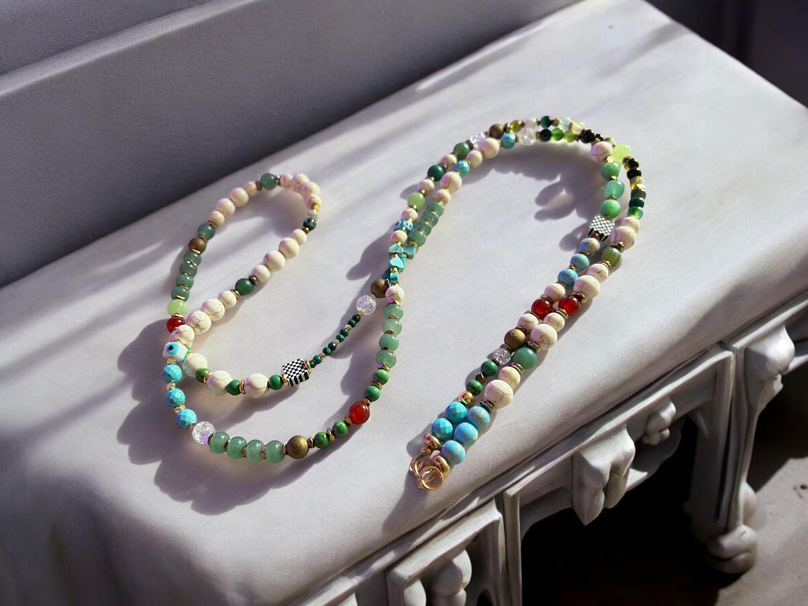 Handmade Gemstone Beaded Phone Lanyard: Turquoise & Green Crossbody Strap — view 4