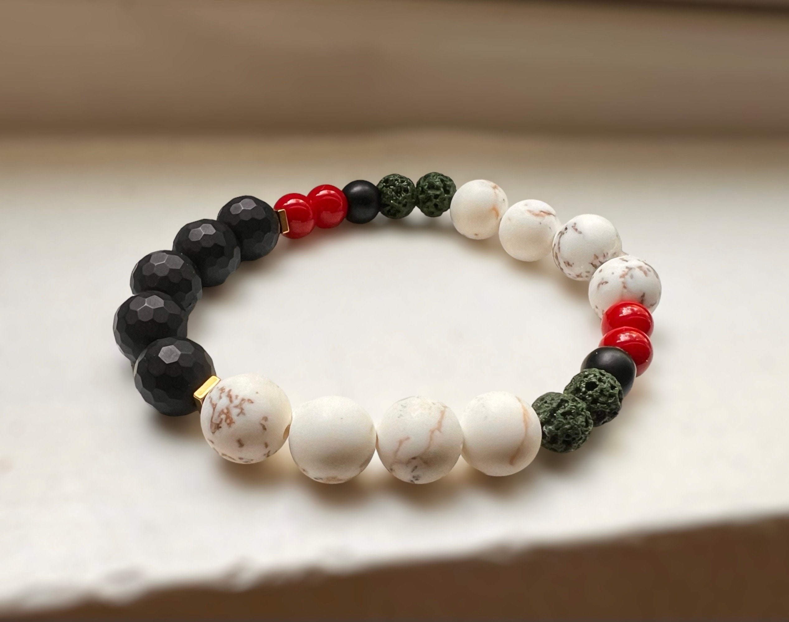Handcrafted Palestinian Unity Bracelet, Onyx, Lava Stone — view 4