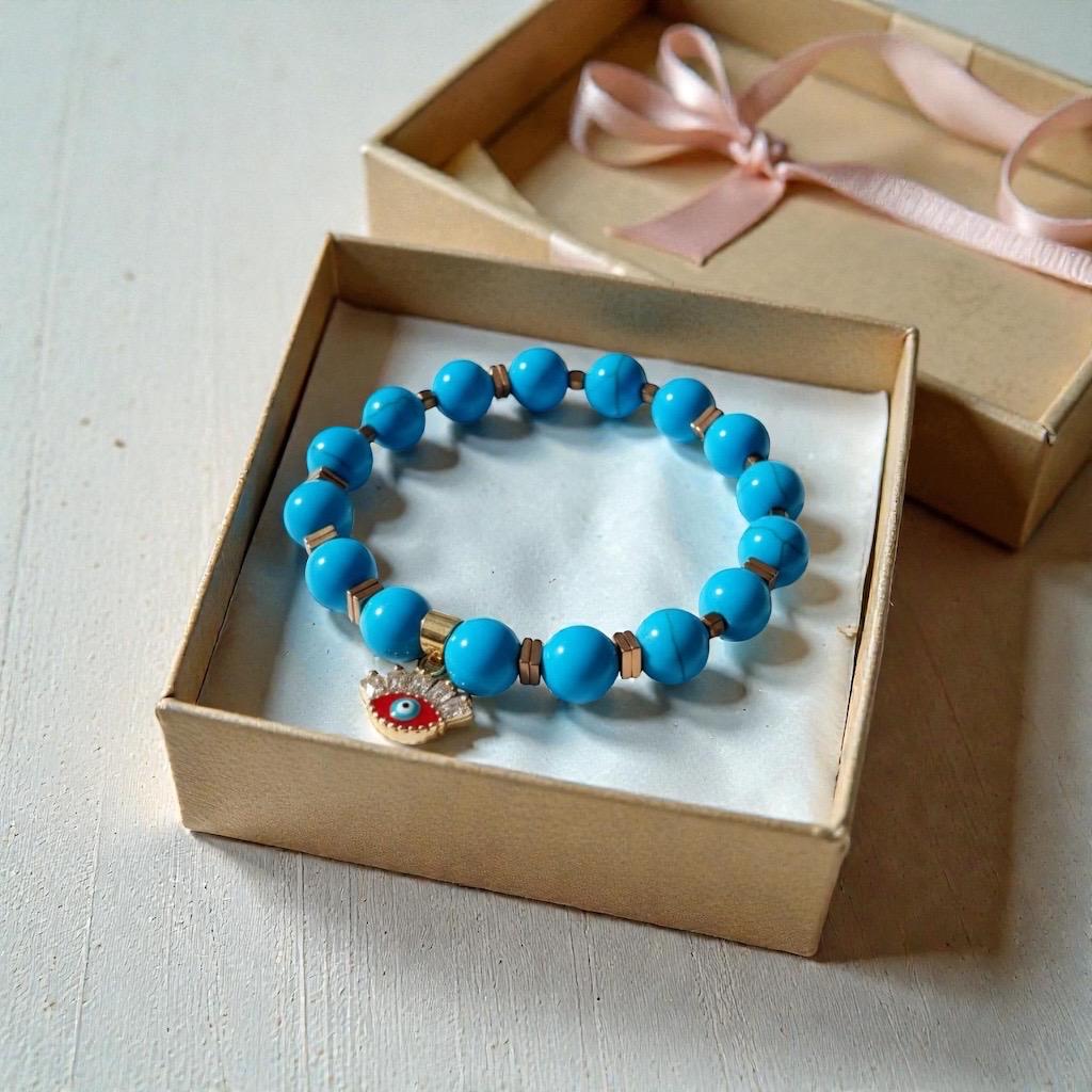 Handmade Turquoise Bead Bracelet with Evil Eye CZ Charm, Protection Jewelry — view 4