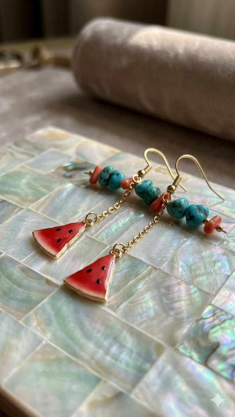 Watermelon Slice Dangle Earrings, Gold Fruit Jewelry, Summer Boho Drop Style — view 2