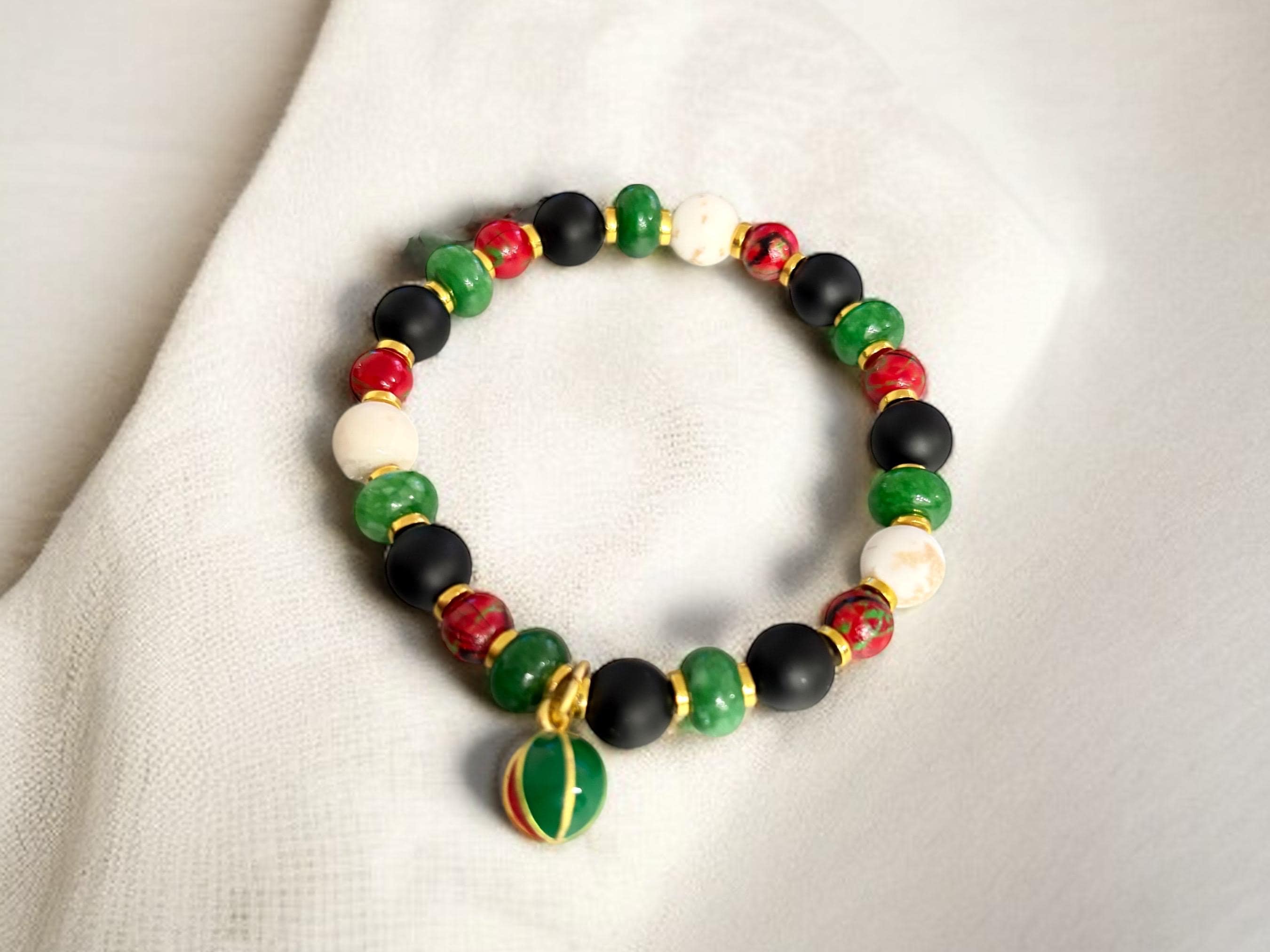 Handmade Palestinian Solidarity Bracelet with Watermelon Dangle Charm- Cultural Beaded Jewelry — view 5