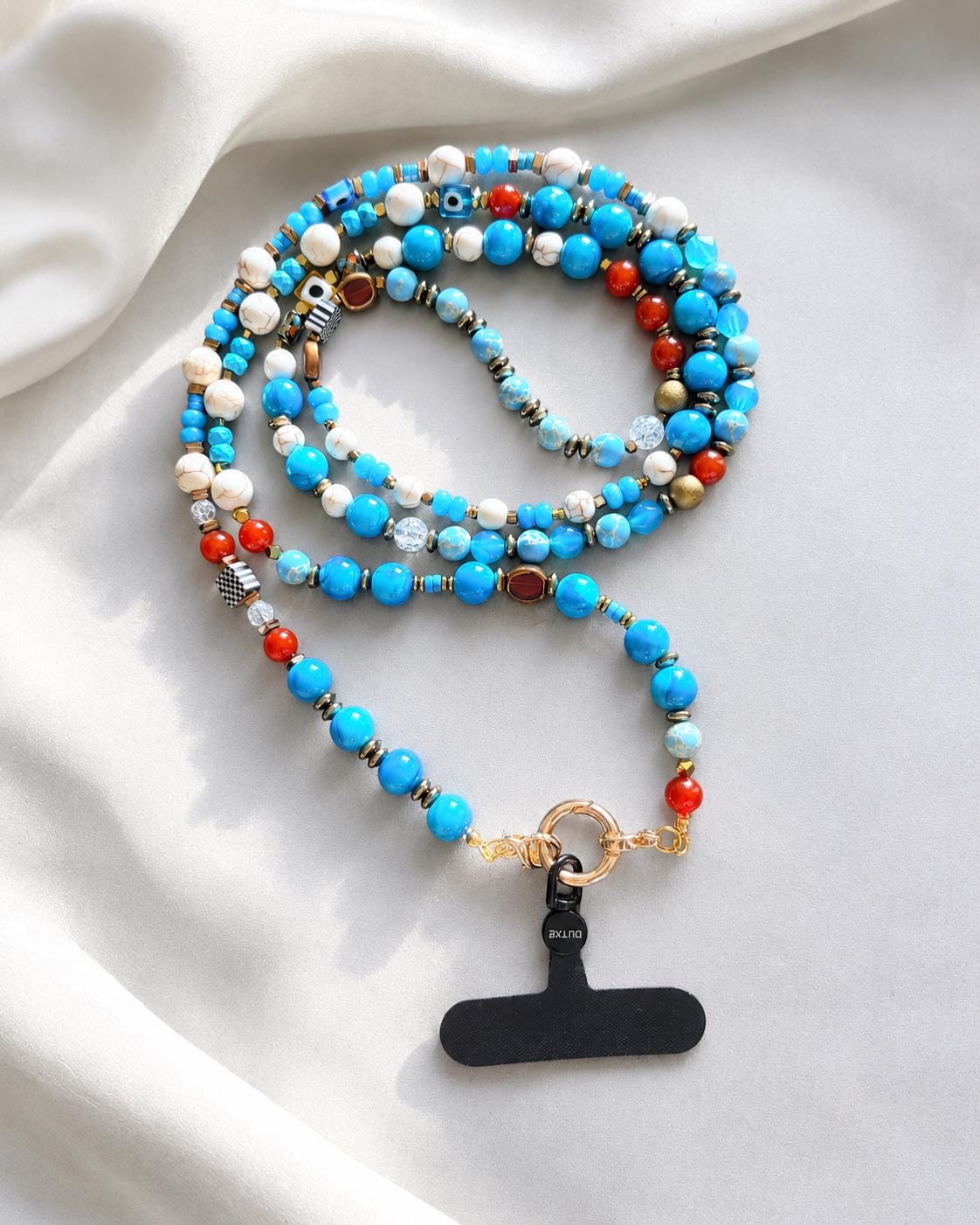 Hematite and Red Carnelian Gemstone Crossbody Lanyard for iPhone, ID Card or Badge — view 2