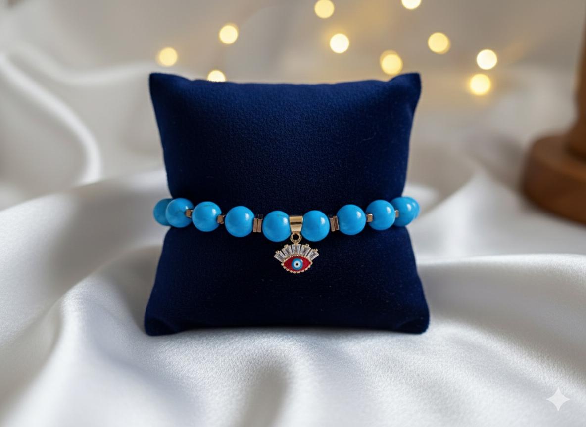 Handmade Turquoise Bead Bracelet with Evil Eye CZ Charm, Protection Jewelry — view 2