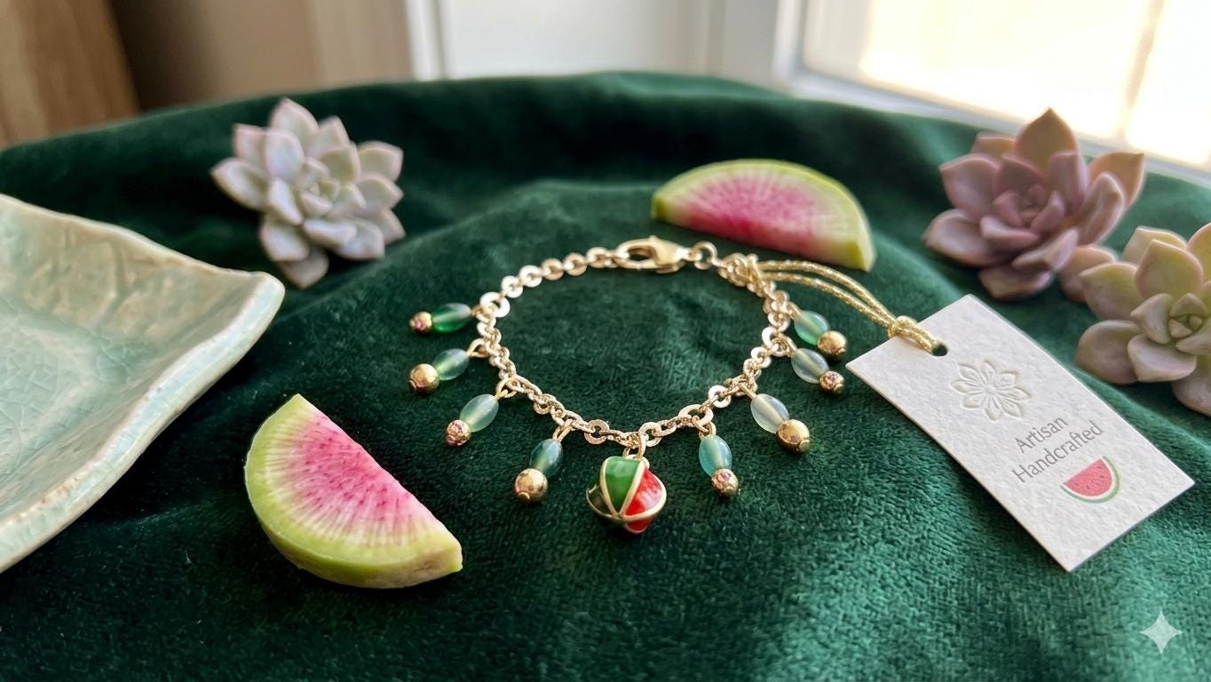 Shiny 14K Gold Plated Oval Rolo Chain with Dangle Watermelon Charm Bracelet Handwear — view 3