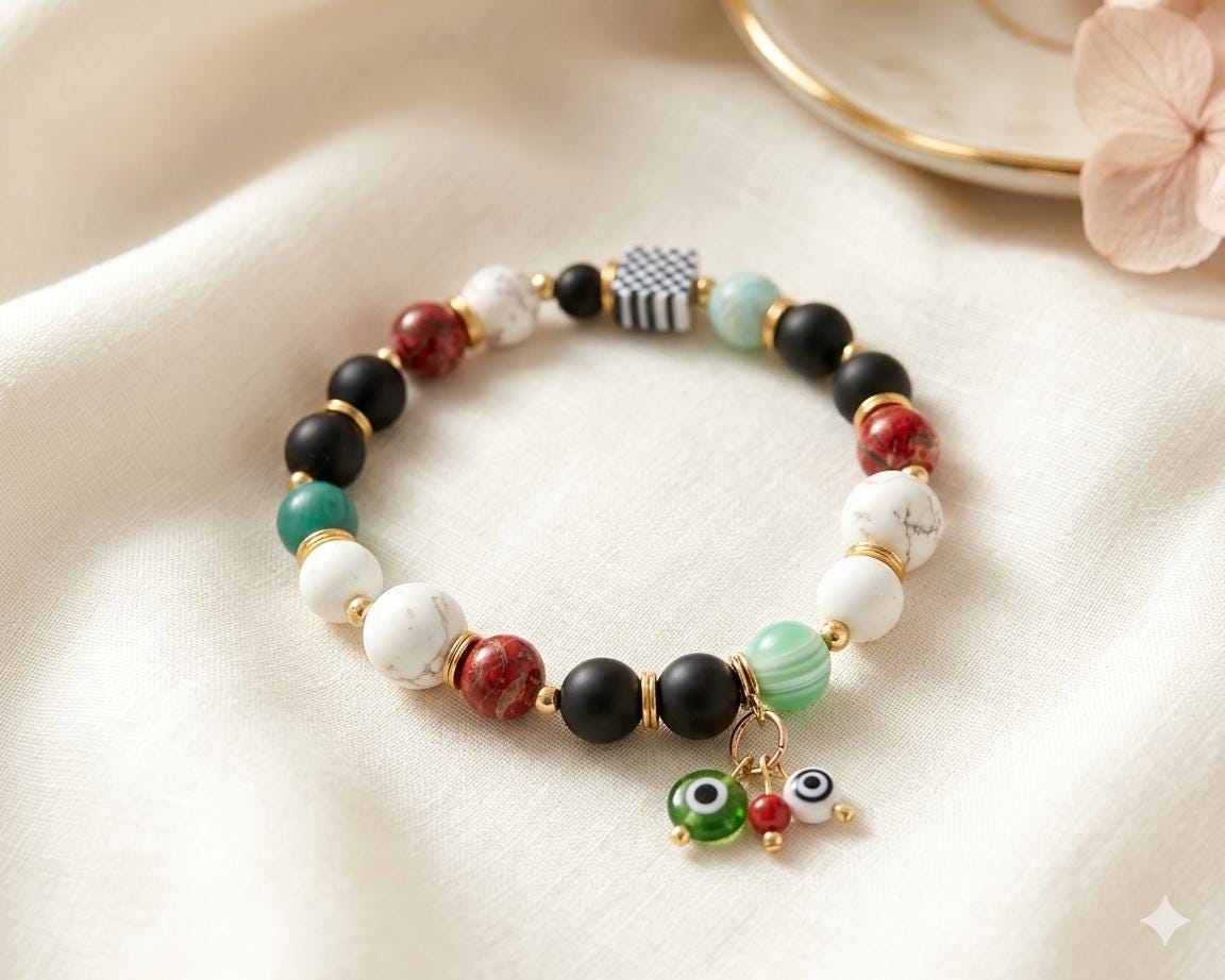 Palestinian Keffiyeh Evil Eye Charm Stretch Bracelet
