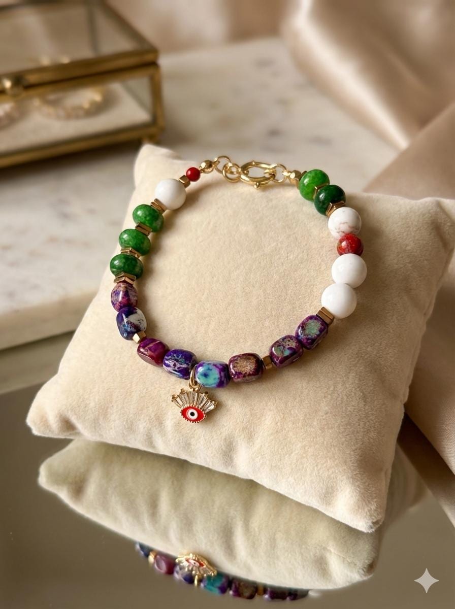 Handmade Evil Eye Charm Gemstone Adjustable Bracelet — view 2