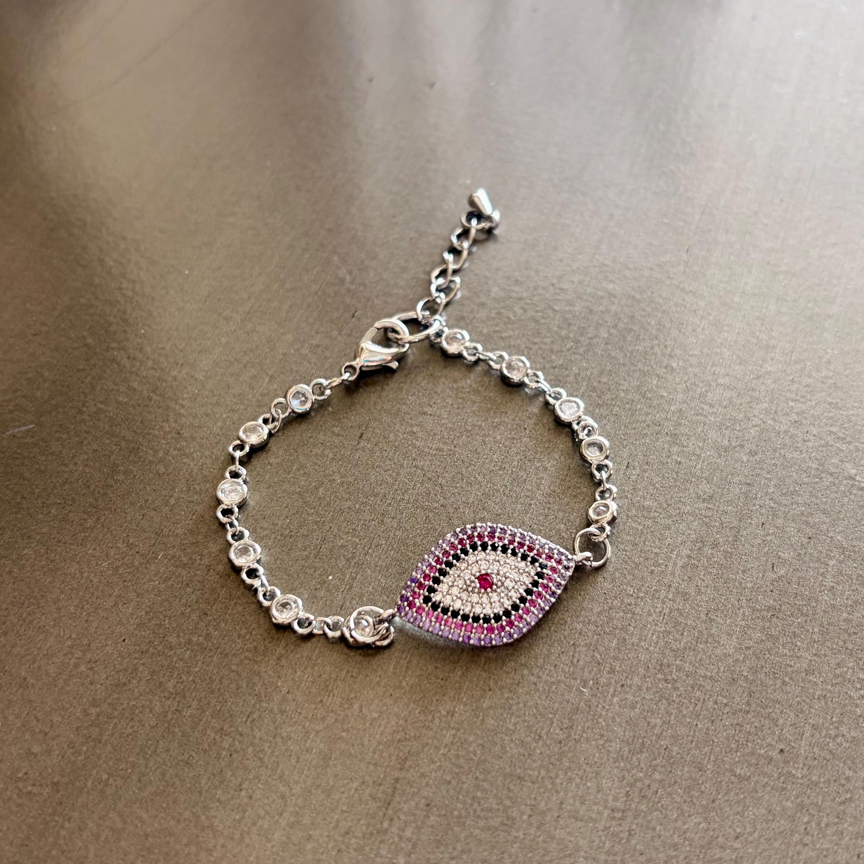 14k Rhodium Plated and Bezel Cubic Zirconia Chain Bracelet with Pave Evil Eye Pendant — view 4