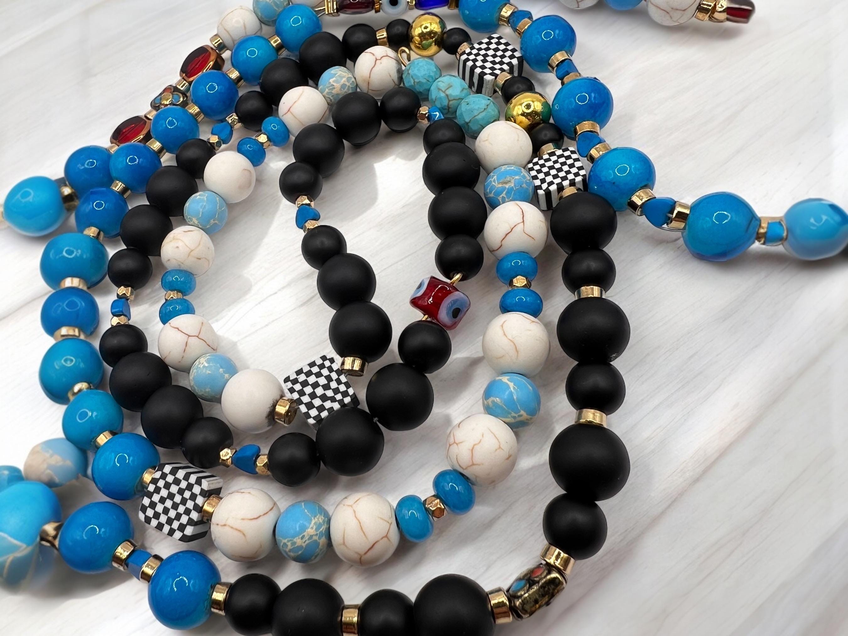 Boho Beaded Phone Lanyard | Turquoise & Black, Evil Eye Charm — view 5