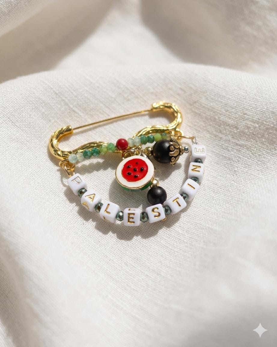 Palestine Gold Watermelon Pin Brooch, Beadwork Statement Accessory Pin, Solidarity Jewelry — view 2