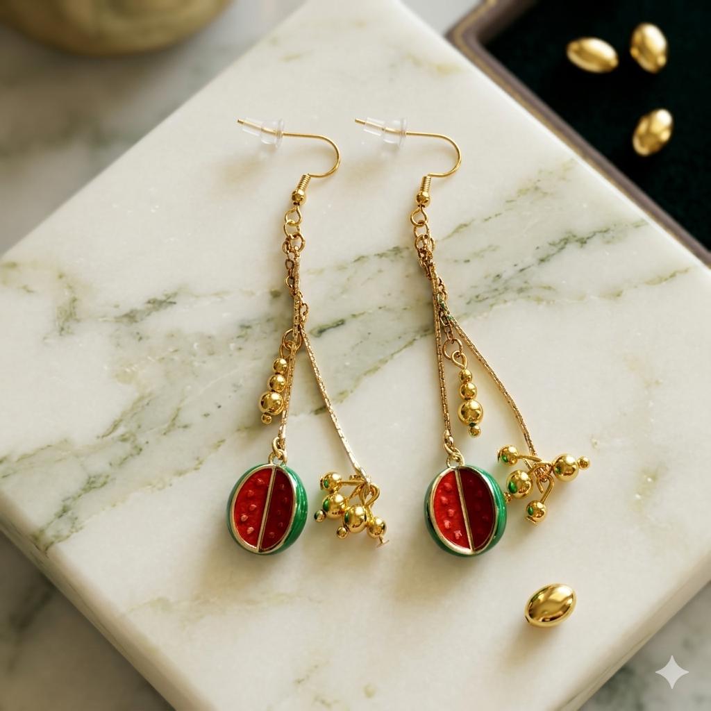 18K Gold Plated Watermelon Dangle Earrings, Summer Time Fruit Jewelry — view 5