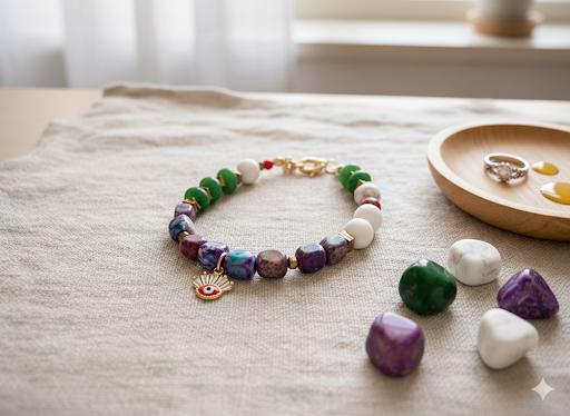 Handmade Evil Eye Charm Gemstone Adjustable Bracelet — view 5