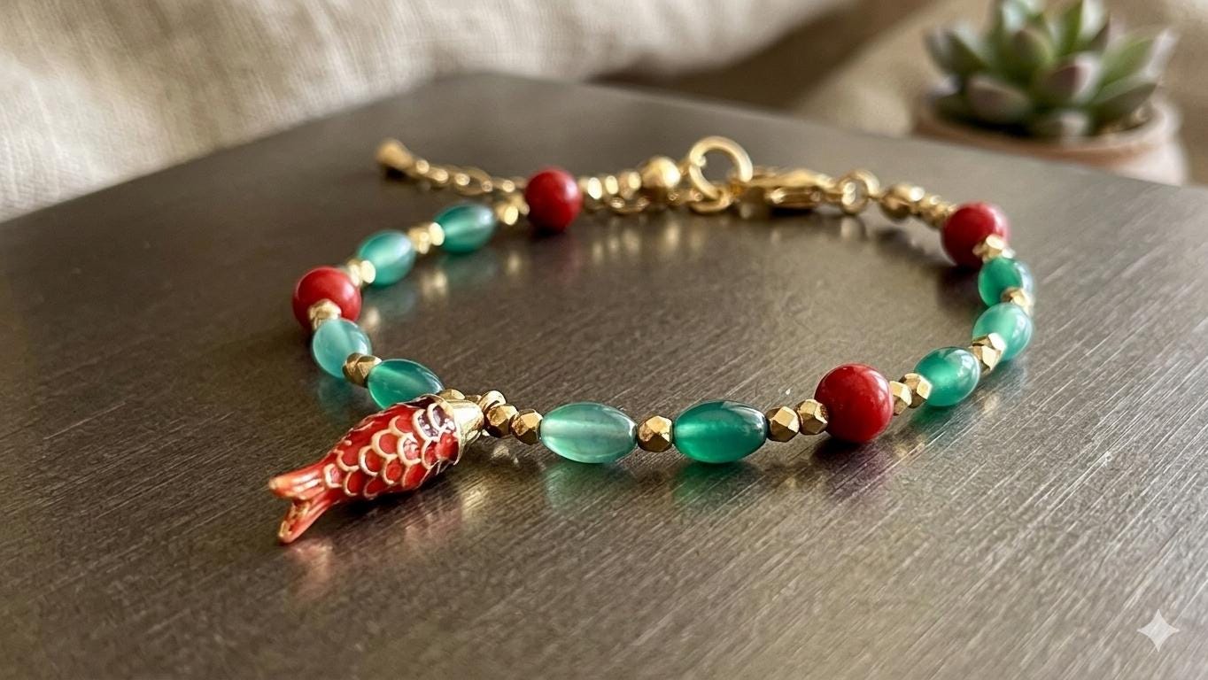Handmade Koi Fish Charm Bracelet, Pisces Zodiac Sign, Asian-Inspired Gold Chain — view 3