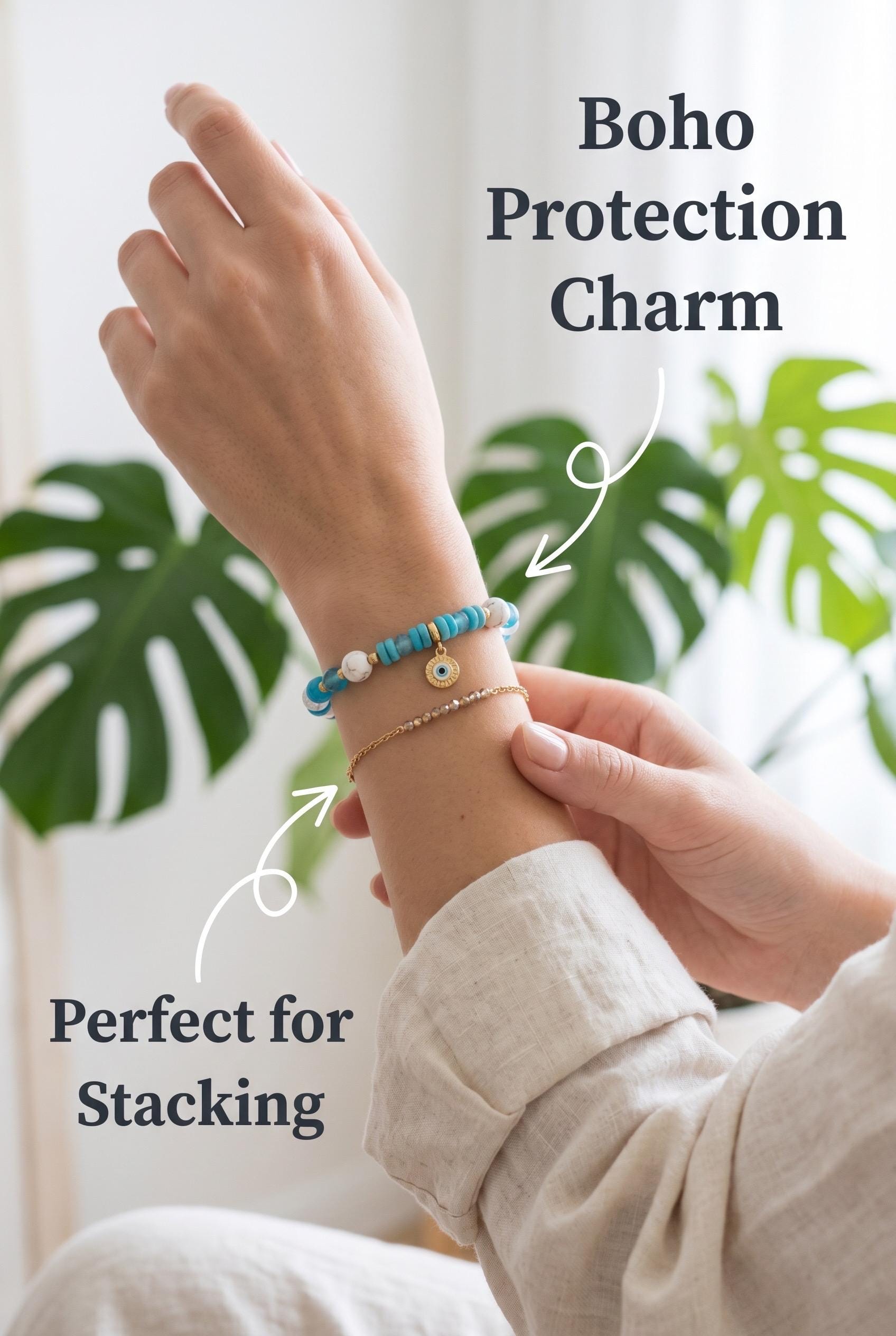 Handmade Gemstone Evil Eye Bracelet, Boho Protection Charm — view 4
