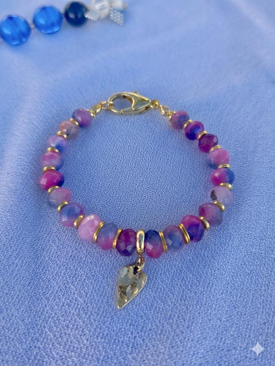 Faceted Pink Purple Jasper Bracelet, Gold Hematite Accents, Heart Charm, Boho Style — view 2