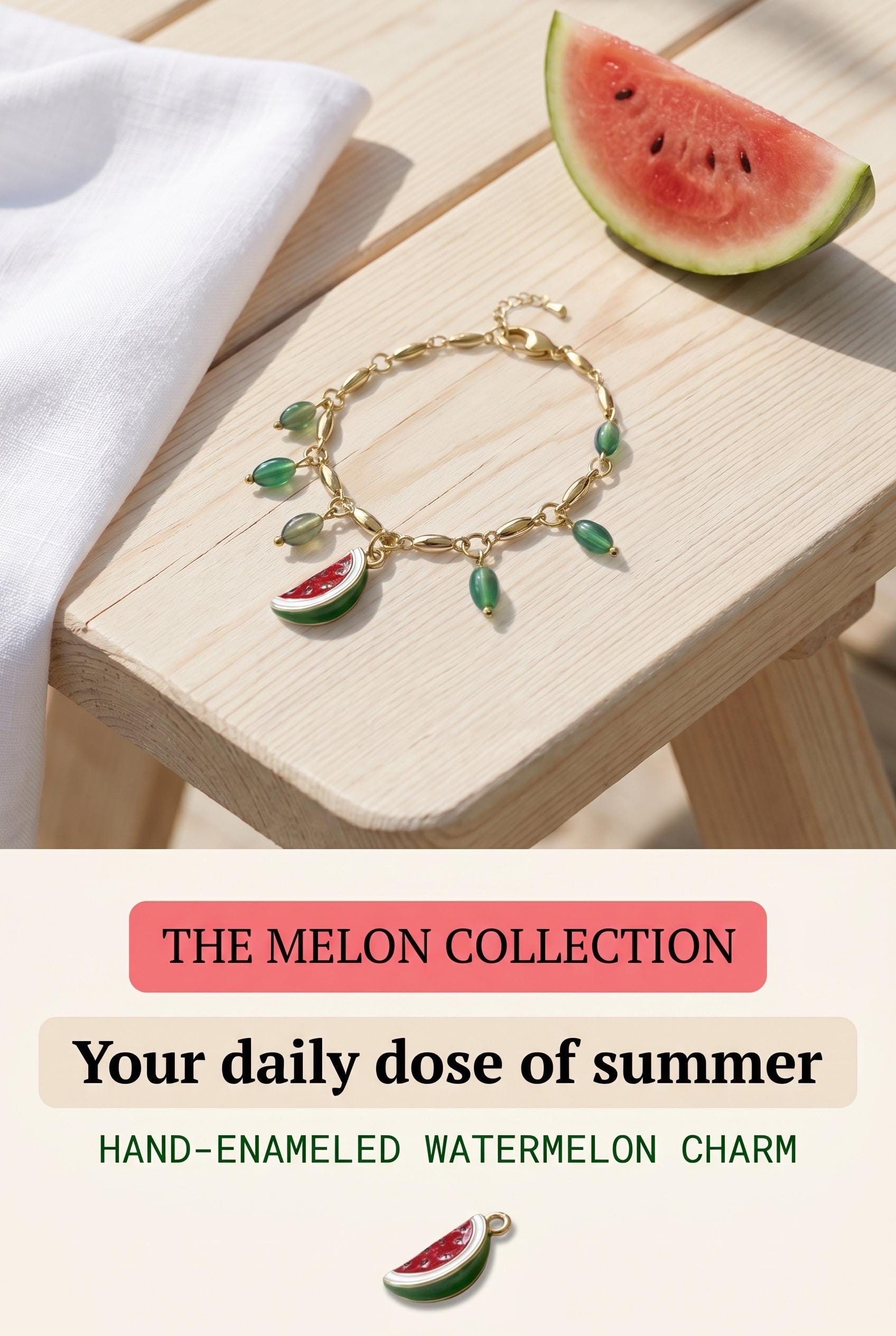 Dainty Watermelon Charm Bracelet – Green Onyx Tropical Handwear — view 3
