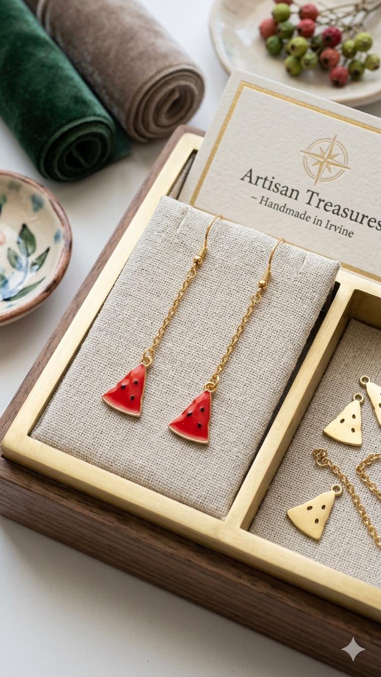 Watermelon Slice Dangle Earrings, Gold Fruit Jewelry, Summer Boho Drop Style
