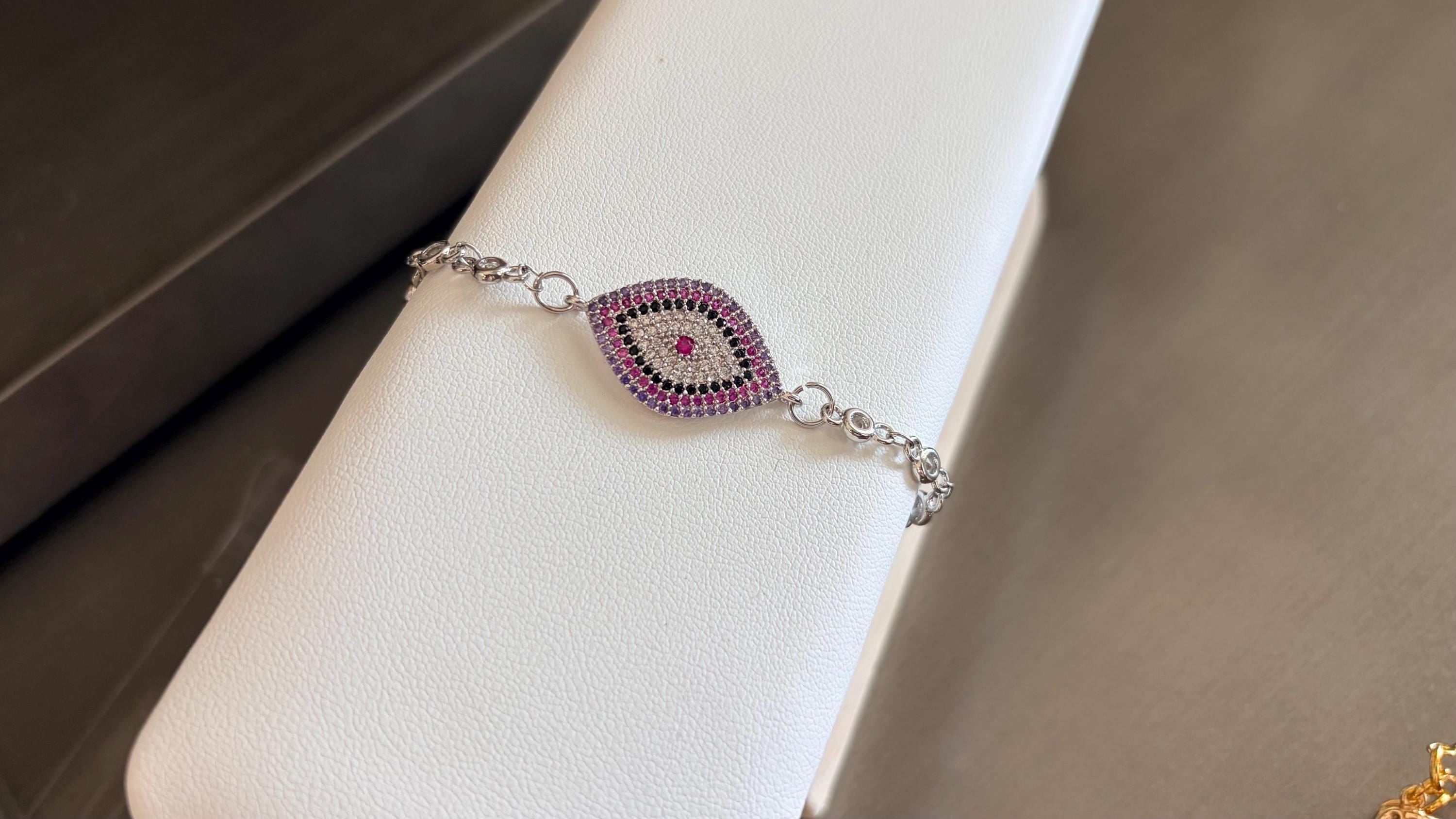 14k Rhodium Plated and Bezel Cubic Zirconia Chain Bracelet with Pave Evil Eye Pendant — view 5