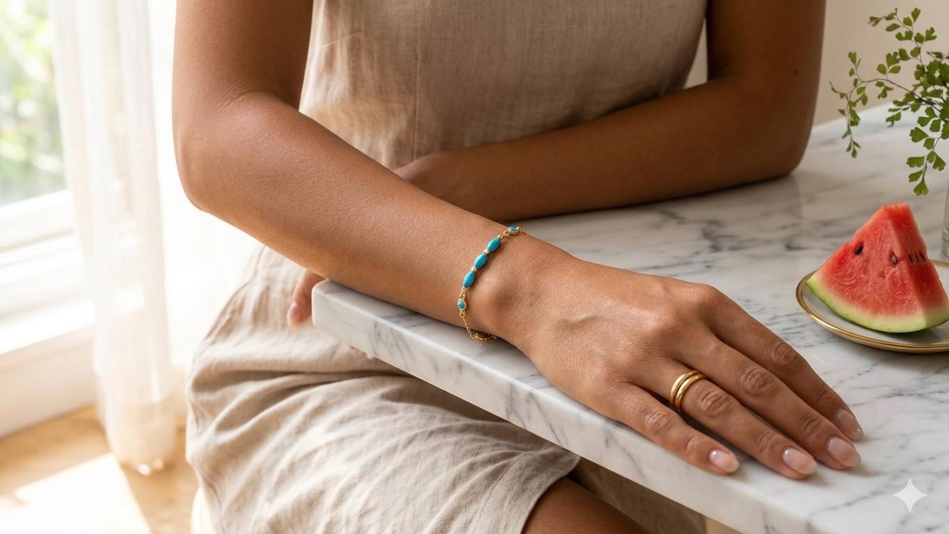 Dainty Turquoise and Gold Chain Bracelet — view 5