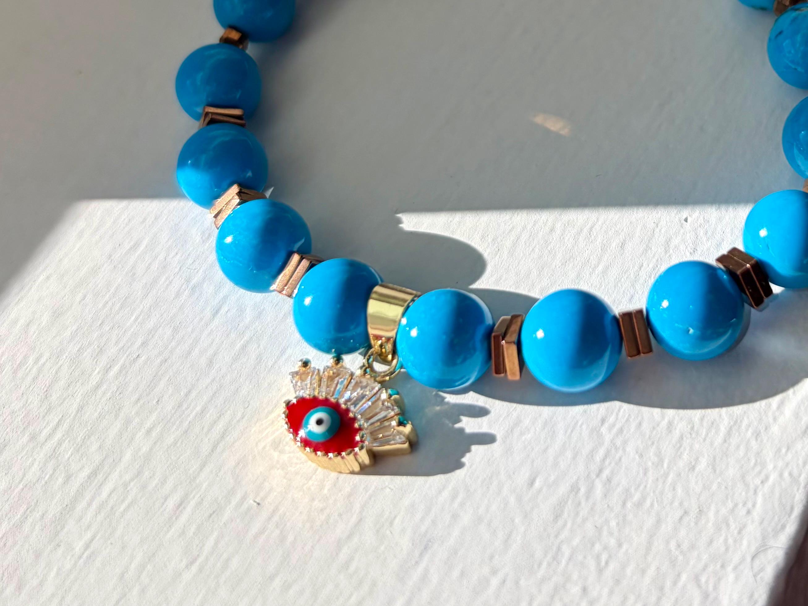 Handmade Turquoise Bead Bracelet with Evil Eye CZ Charm, Protection Jewelry — view 5