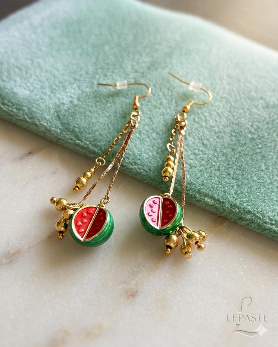 18K Gold Plated Watermelon Dangle Earrings, Summer Time Fruit Jewelry — view 4