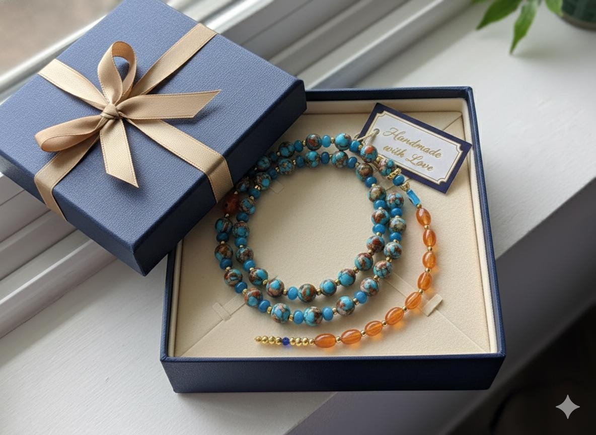 Handmade Turquoise Masbaha – Spiny Oyster & Orange Jade Islamic Prayer Beads — view 3