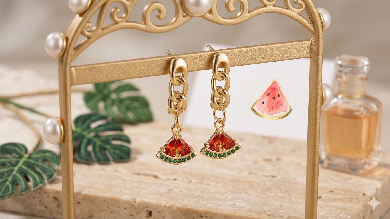 14k Gold-plated Chain Hoop Earrings with Dainty Sparkling Cz Watermelon Dangle Charm — view 2