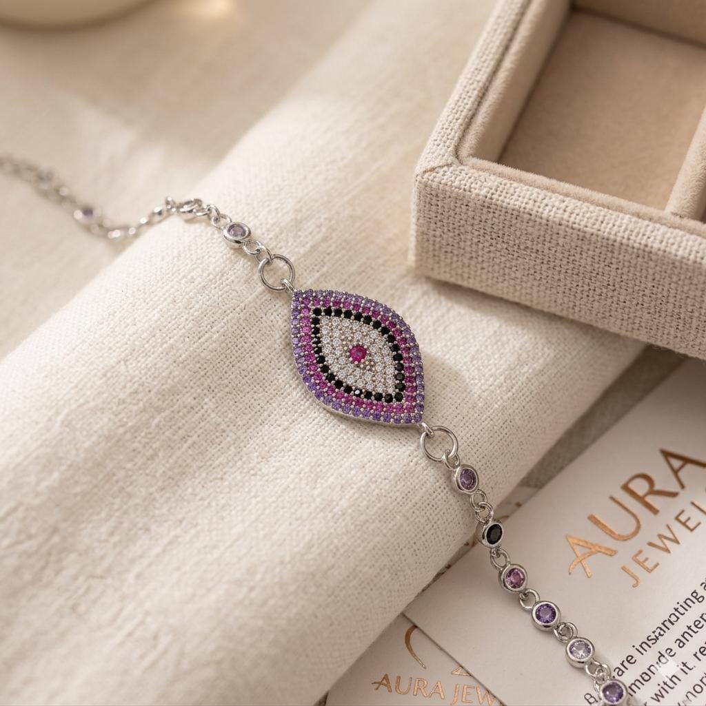 14k Rhodium Plated and Bezel Cubic Zirconia Chain Bracelet with Pave Evil Eye Pendant