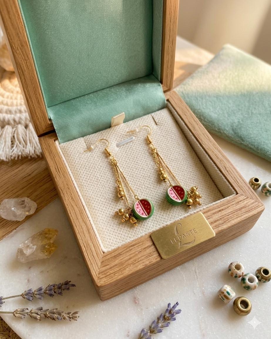 18K Gold Plated Watermelon Dangle Earrings, Summer Time Fruit Jewelry — view 3