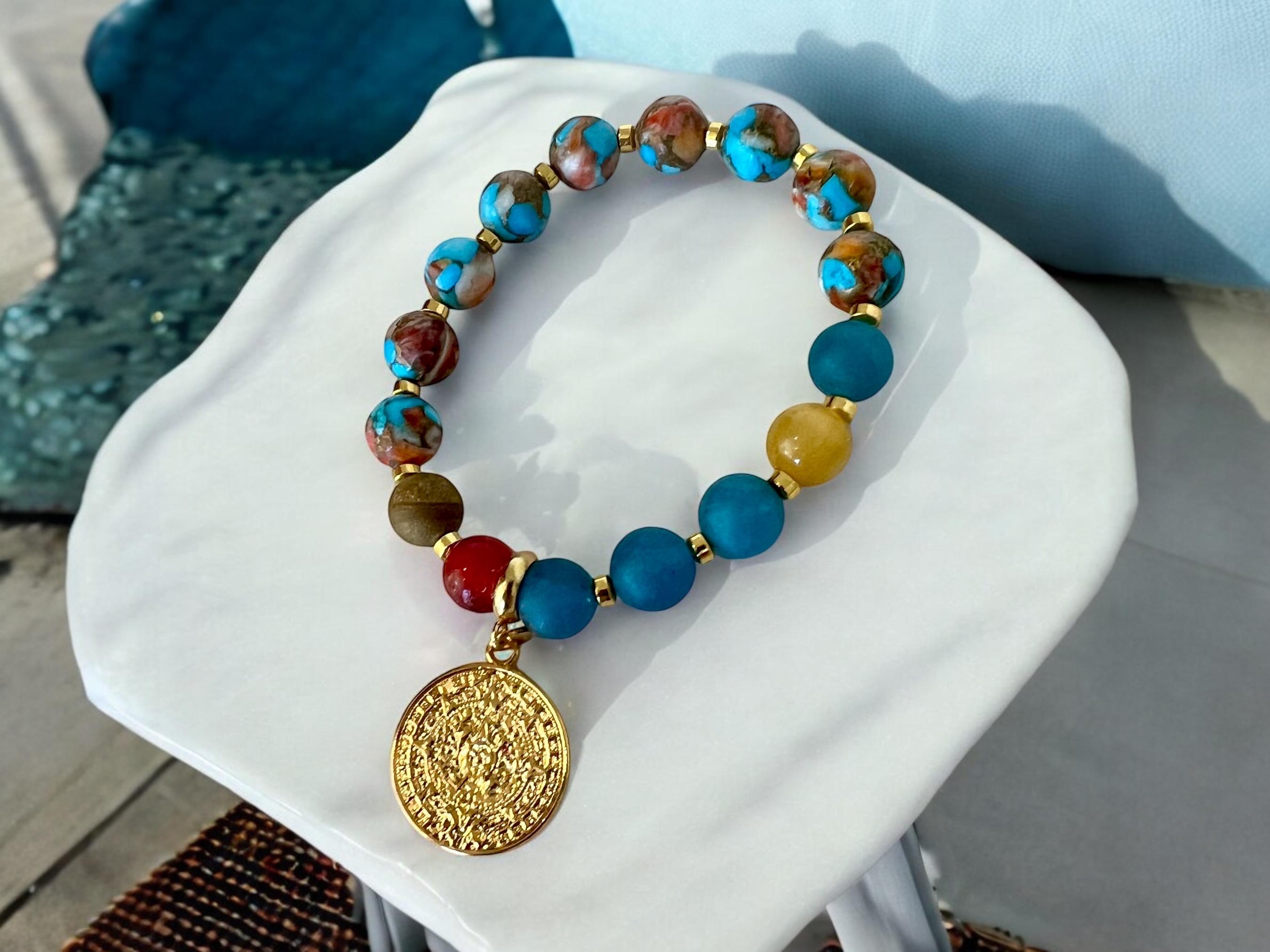 Handmade Boho Chic Turquoise & Earth Tone Beaded Bracelet with Gold Charm — view 2