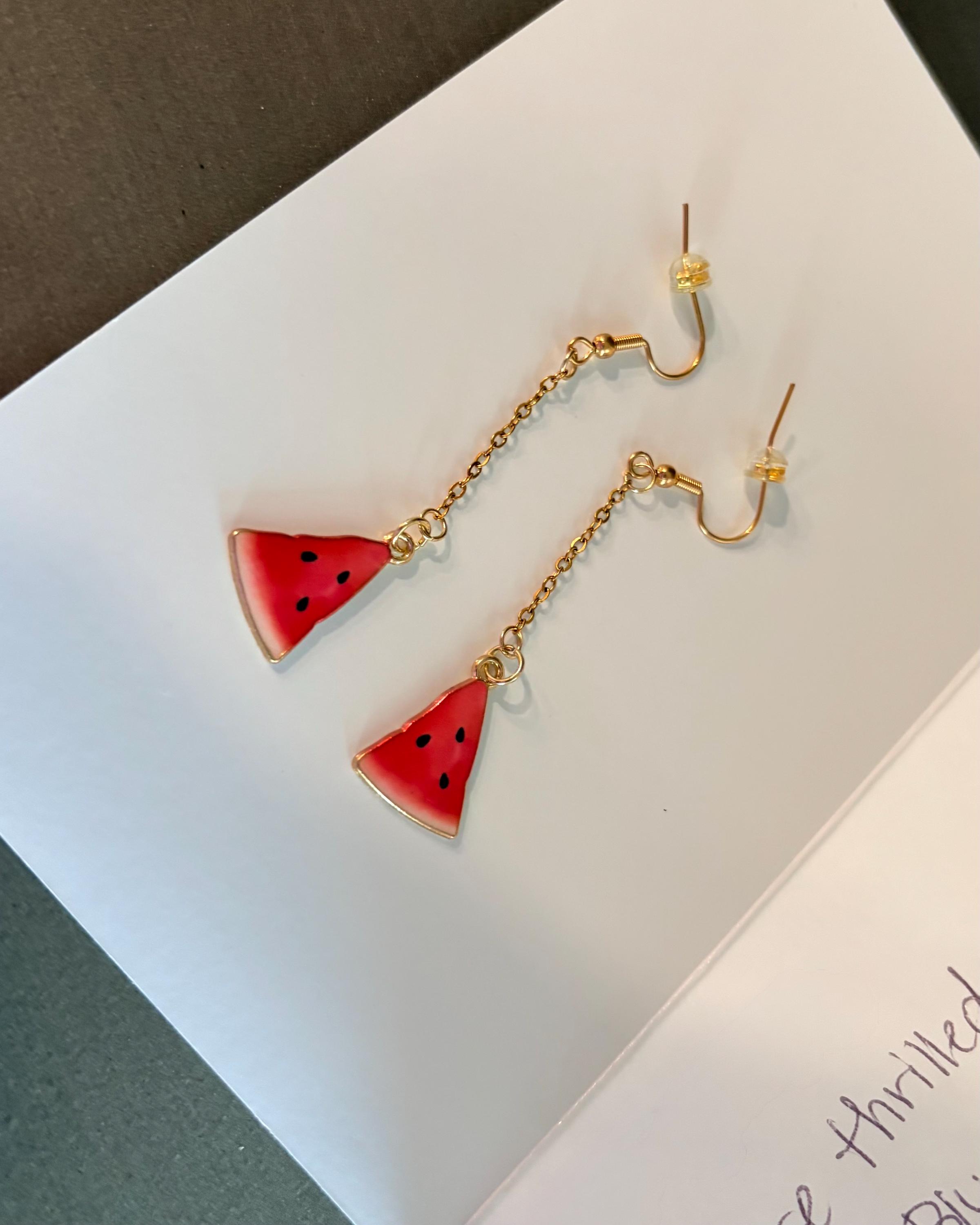 Watermelon Slice Dangle Earrings, Gold Fruit Jewelry, Summer Boho Drop Style — view 3