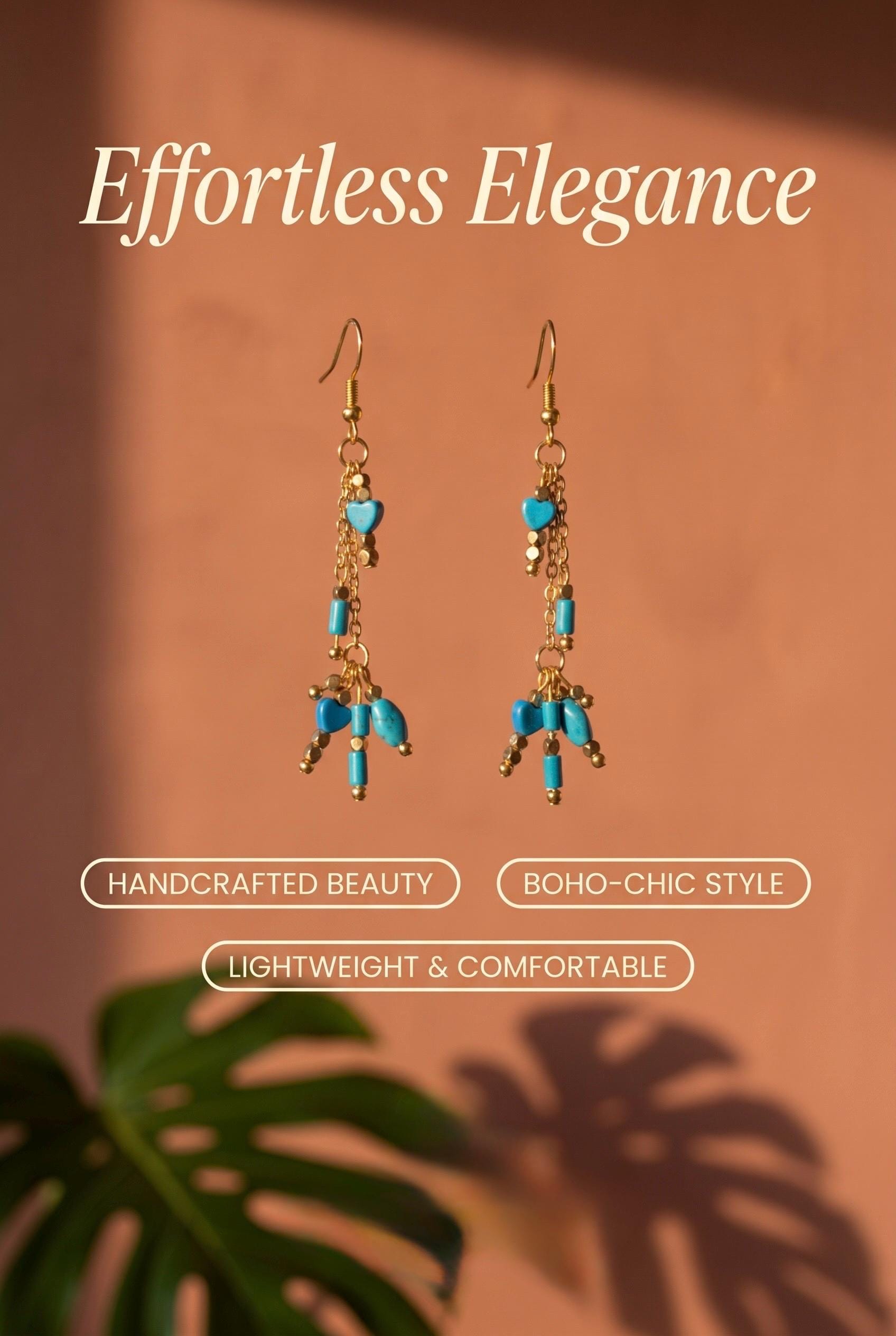 Blue and Gold Dangle Earrings, Delicate Chain Summer Boho Bead Earrings — view 5