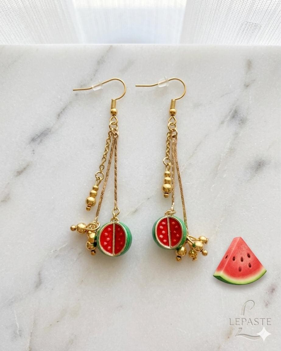 18K Gold Plated Watermelon Dangle Earrings, Summer Time Fruit Jewelry