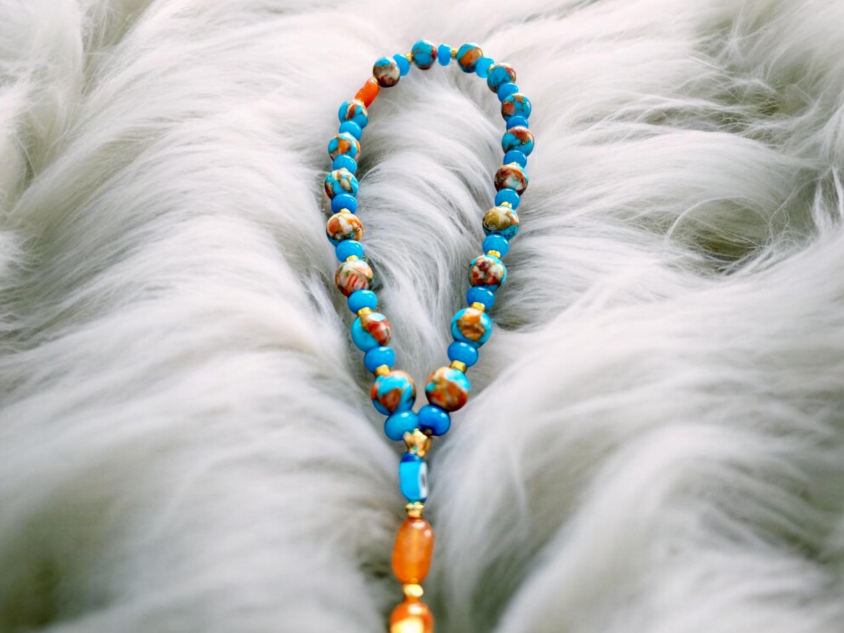 Handmade Turquoise Masbaha – Spiny Oyster & Orange Jade Islamic Prayer Beads