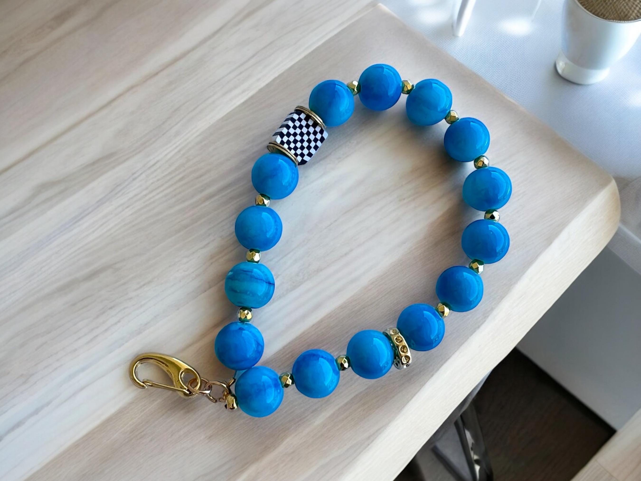 Blue Turquoise Beaded Keychain: Gold Purse Charm — view 2