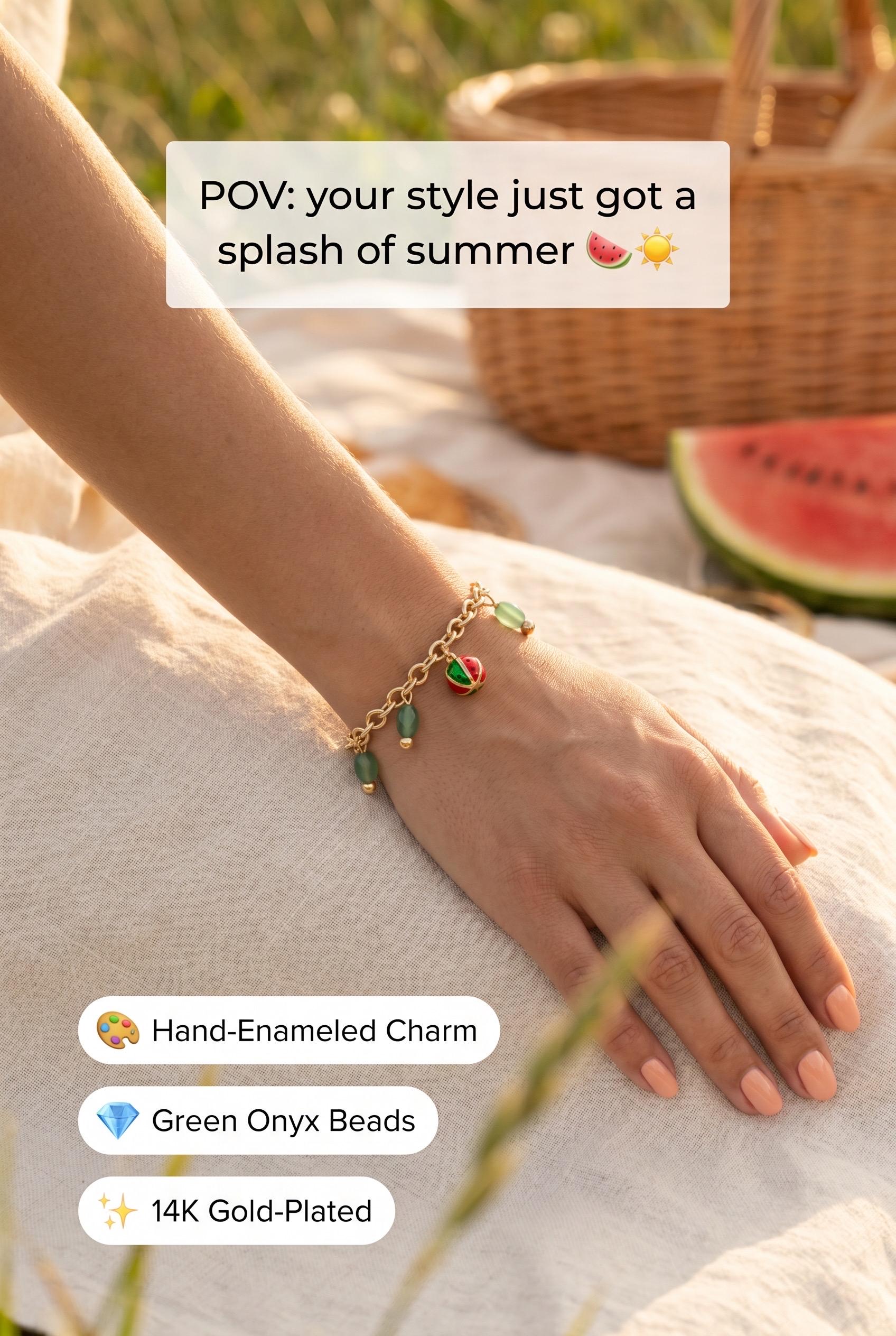 Shiny 14K Gold Plated Oval Rolo Chain with Dangle Watermelon Charm Bracelet Handwear — view 5