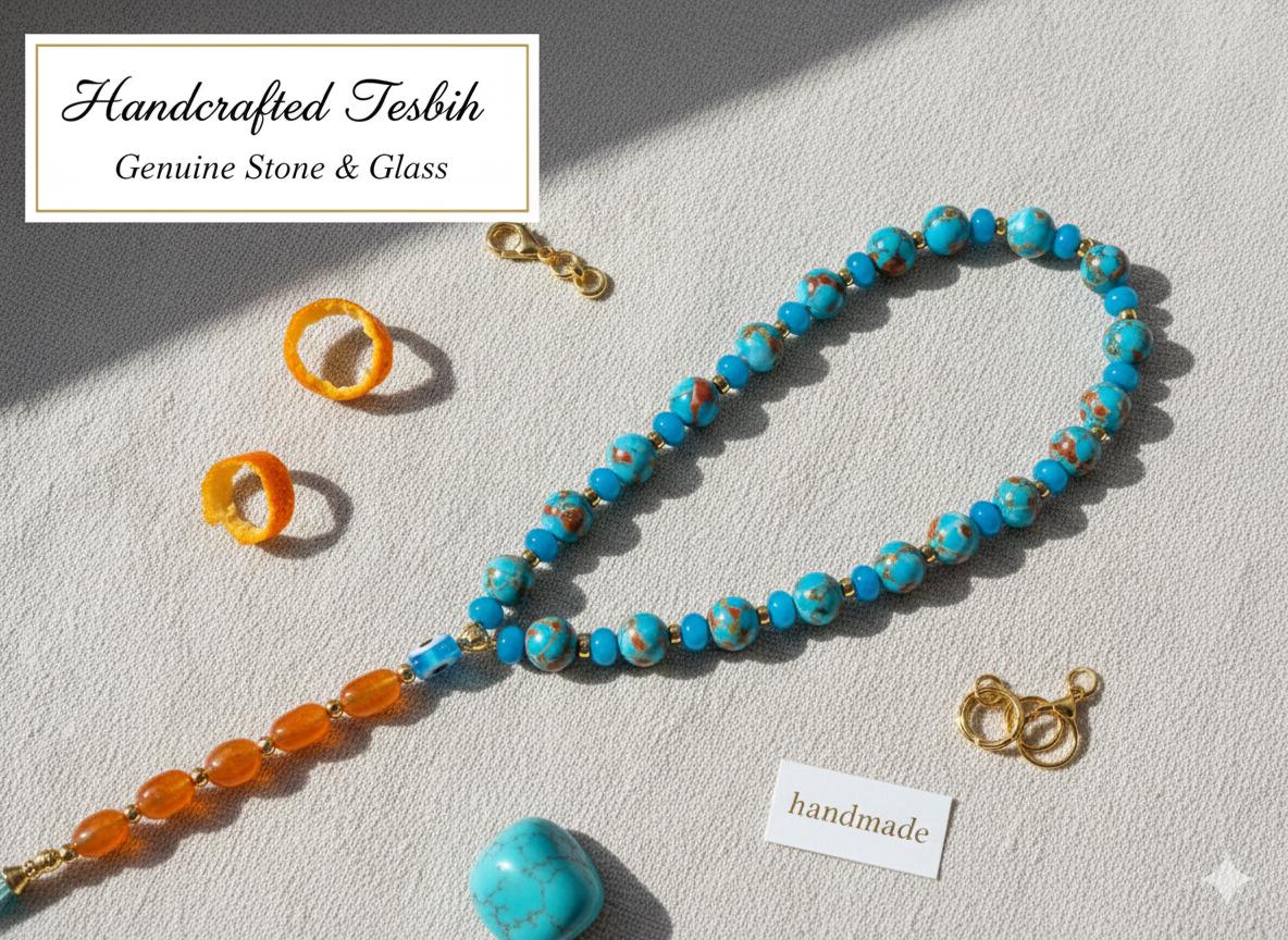 Handmade Turquoise Masbaha – Spiny Oyster & Orange Jade Islamic Prayer Beads — view 4