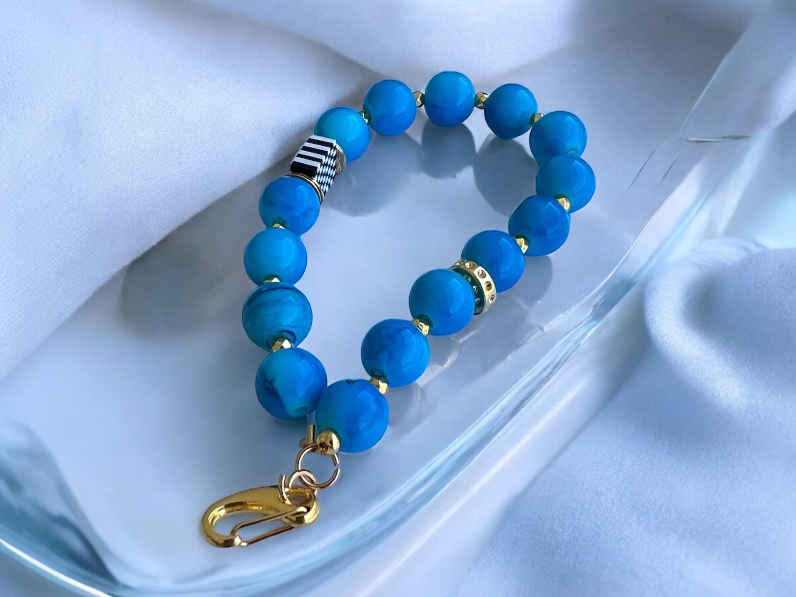 Blue Turquoise Beaded Keychain: Gold Purse Charm